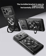 Black smartphone case with a built-in kickstand and camera protection.
