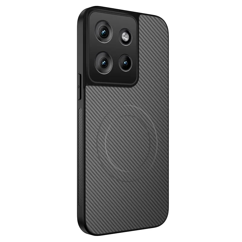 Black smartphone case with a carbon fiber texture and a large camera cutout.