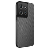 Black smartphone case with a carbon fiber texture and a large camera cutout.