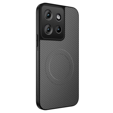 Black smartphone case with a carbon fiber texture and a large camera cutout.