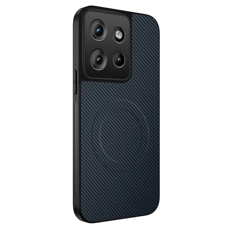 Black smartphone case with a carbon fiber texture and a circular magnetic attachment on the back.