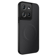 Black smartphone case with a carbon fiber texture and a prominent camera module cutout.