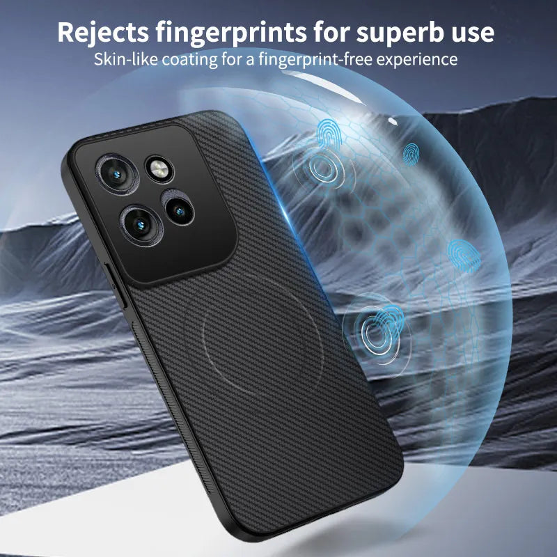 Black smartphone case with a carbon fiber texture and a raised camera module.