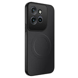 Black smartphone case with a carbon fiber texture and a prominent camera module cutout.