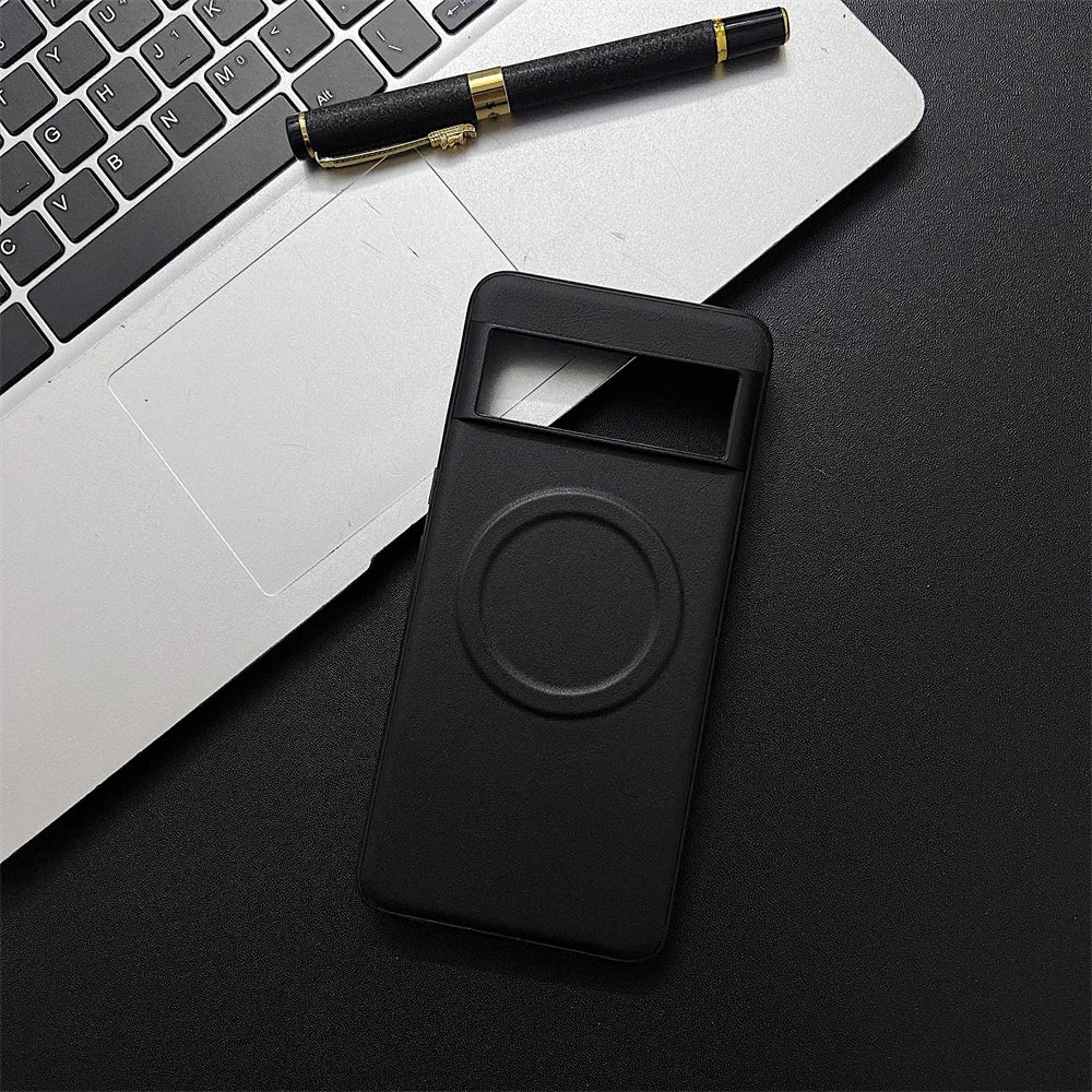 Black smartphone case with a circular cutout and viewing window.