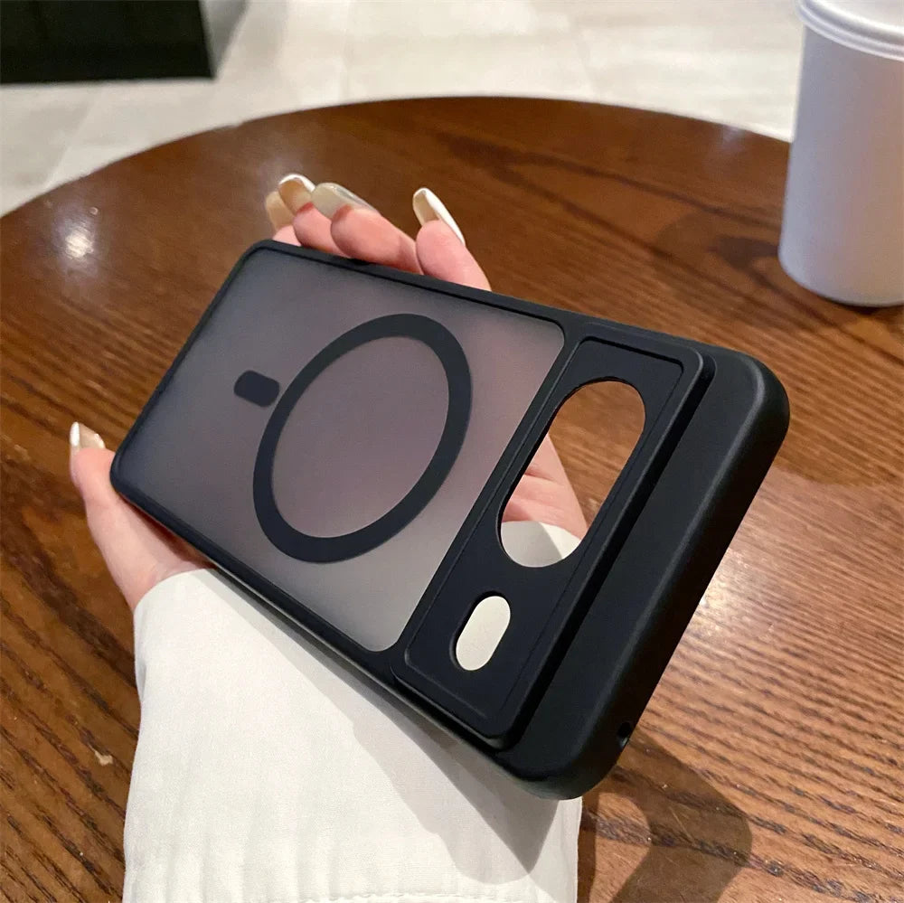 Black smartphone case with a circular cutout design on the back.