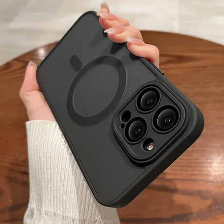 Black smartphone case with a circular magnetic attachment and triple camera cutout.