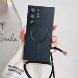 Black smartphone case with integrated camera lenses and a magnetic charging ring, attached to a black lanyard with gold accents.