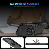 A black smartphone case with an integrated, adjustable kickstand.