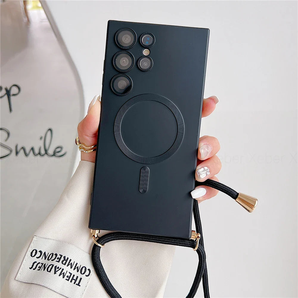 Black smartphone case with a magnetic ring and a lanyard.