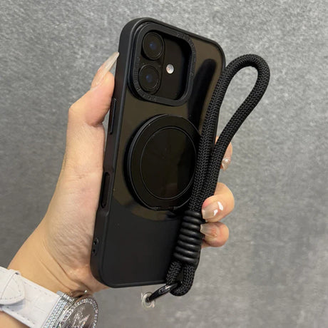 Black smartphone case with a magnetic ring holder and a braided wrist strap