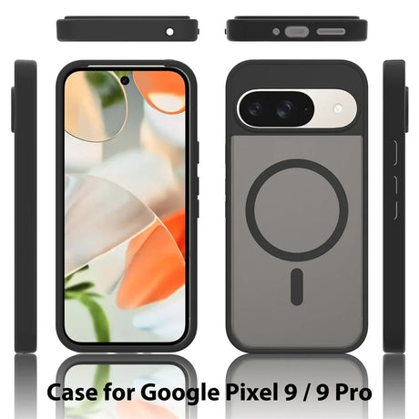 Black smartphone case with a magnetic ring and camera bar cutout, shown from multiple angles.