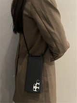 A black smartphone case with a shoulder strap, featuring multiple camera lenses on the back.