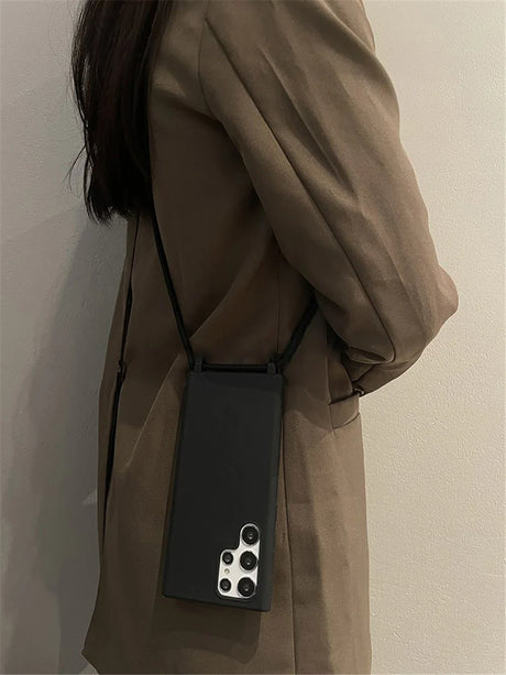 A black smartphone case with a shoulder strap, featuring multiple camera lenses on the back.