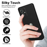 A black smartphone case with a soft, anti-fingerprint, scratch-resistant, and comfortable grip surface.