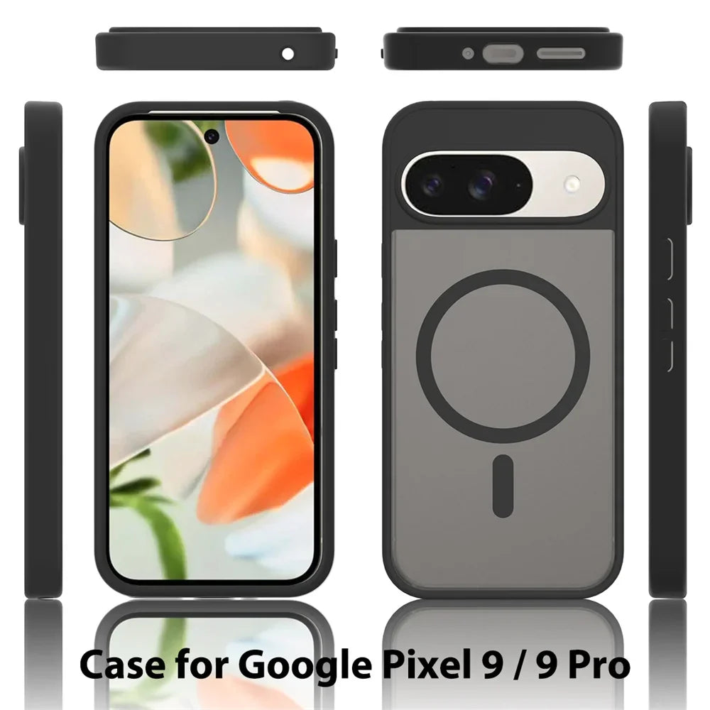 A black smartphone case with a transparent back, a camera bar cutout, and a magnetic charging ring, designed for Google Pixel 9/9 Pro.
