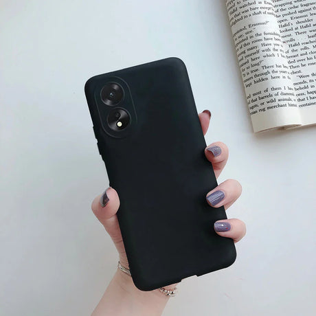 Black smartphone with dual cameras and a matte case.