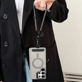 Black smartphone lanyard with a clear, MagSafe-compatible case.