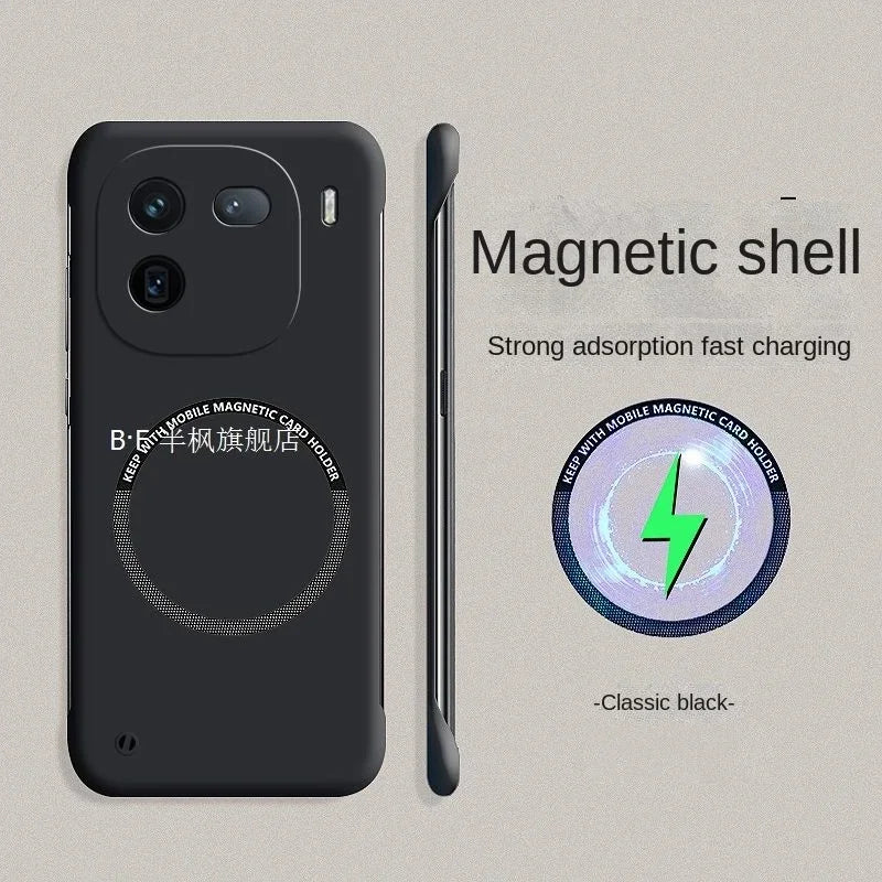 Black smartphone with a magnetic charging feature and triple rear camera setup.