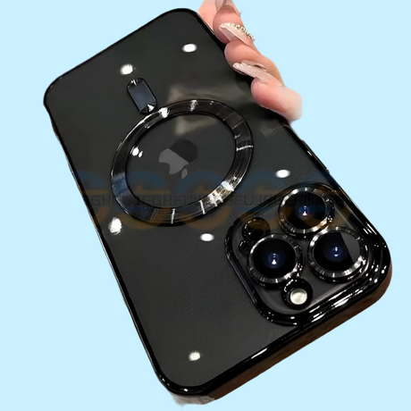 Black smartphone with a prominent circular magnetic attachment and triple camera setup.