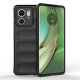 Black smartphone in a protective case with dual rear cameras.
