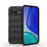 Black smartphone in a protective case with a vibrant blue and teal display.