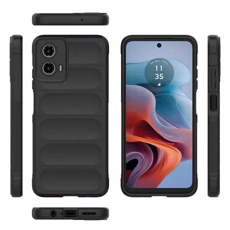 Black smartphone in protective case.