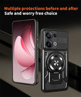 Black smartphone with a protective case featuring a sliding camera cover and a built-in magnetic ring holder.