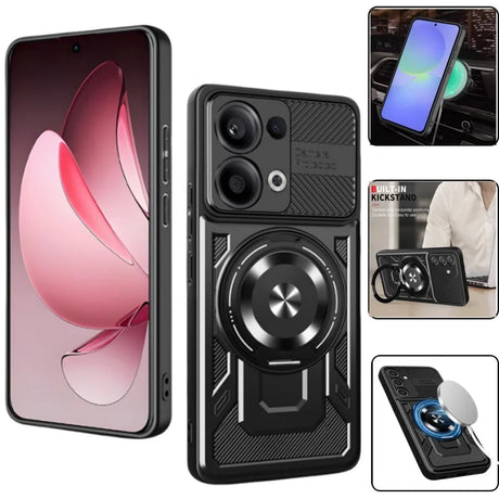 Black smartphone with a protective case featuring a camera cover, magnetic ring, and a kickstand.