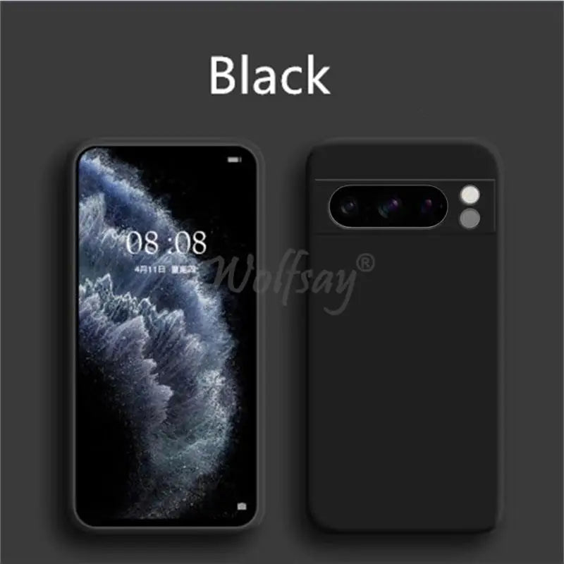 Black smartphone with a textured case and multiple camera lenses on the back.