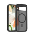 Black smartphone with a transparent Magsafe case.