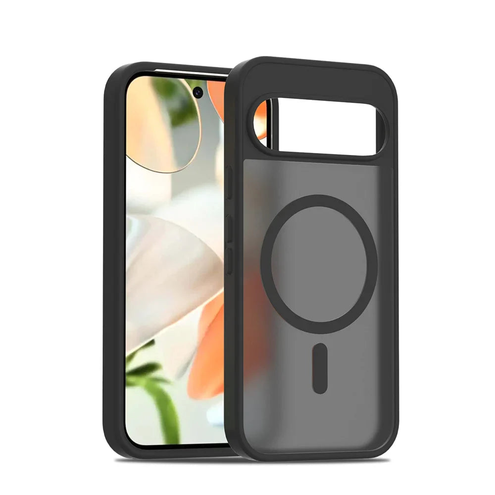 Black smartphone with a transparent Magsafe case.
