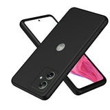 Black smartphone with a triple camera system and a silver Motorola logo on the back, shown with a partially visible screen.