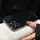 Black smartphone with a triple camera system and a clear protective case.