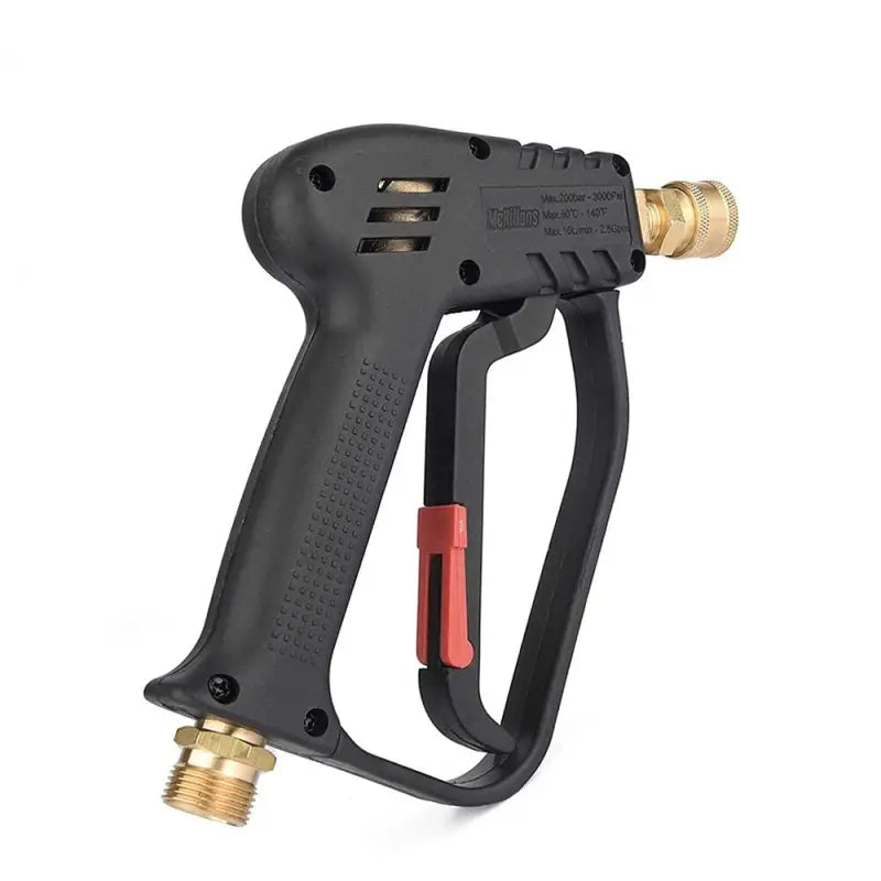 a black spray gun with a red handle