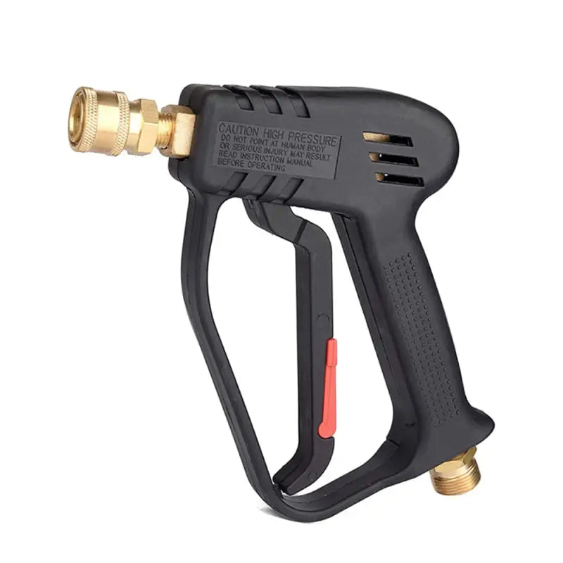 a black spray gun with a red handle