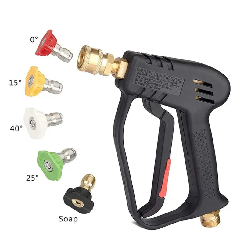 a black spray gun with a red handle and a yellow handle
