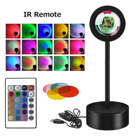 A black stand with a remote and a colorful light