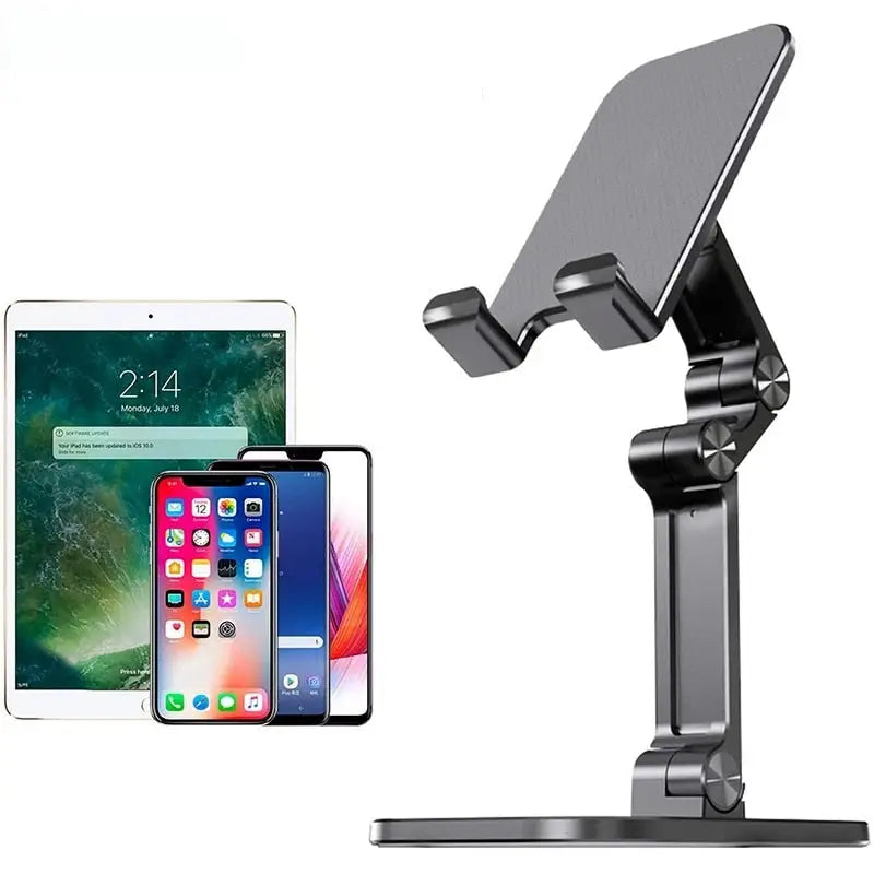 the adjustable desk stand with a tablet and a phone