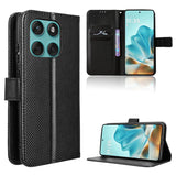 Black textured flip phone case with a multi-lens camera cutout and card slots.