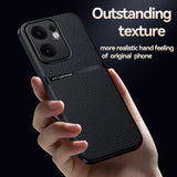 A black, textured leather-look phone case with a camera cutout, held in a hand.