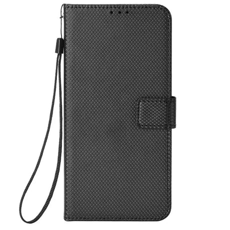 Black textured phone wallet case with a wrist strap and magnetic closure.