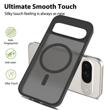 A black, translucent phone case with an embedded magnetic ring, designed to be anti-fingerprint, anti-stain, and provide a silky touch.
