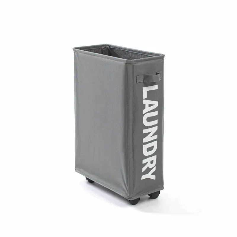 the laundry bin is a grey plastic bin with a white logo on the side