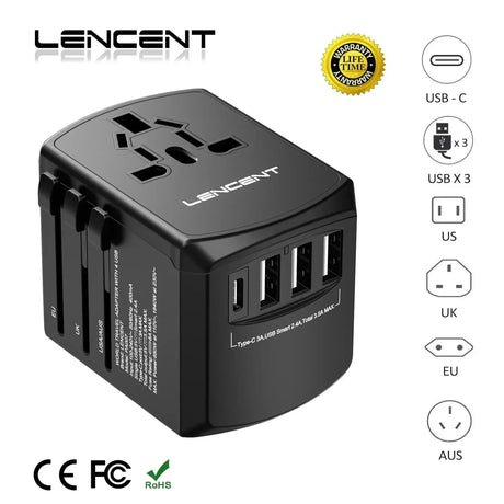 A black travel adapter with three usb ports and a usb cable