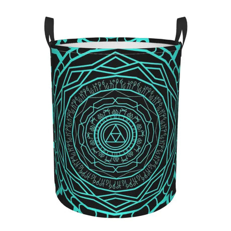 a black and turquoise colored trash bag with a circular design