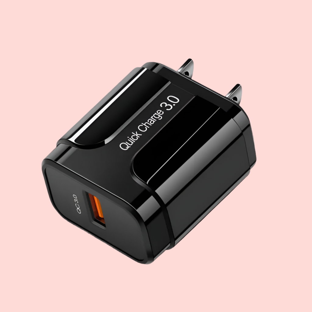 Black USB wall charger with Quick Charge 3.0 technology.