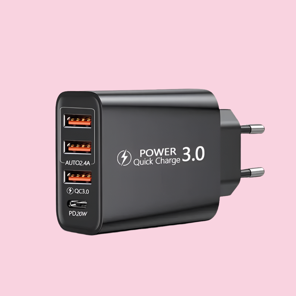Black USB wall charger with three ports and Quick Charge 3.0 capability.