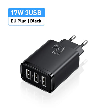 Black USB wall charger with three ports and an EU plug.