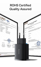 Black USB wall charger or power adapter with two ports.